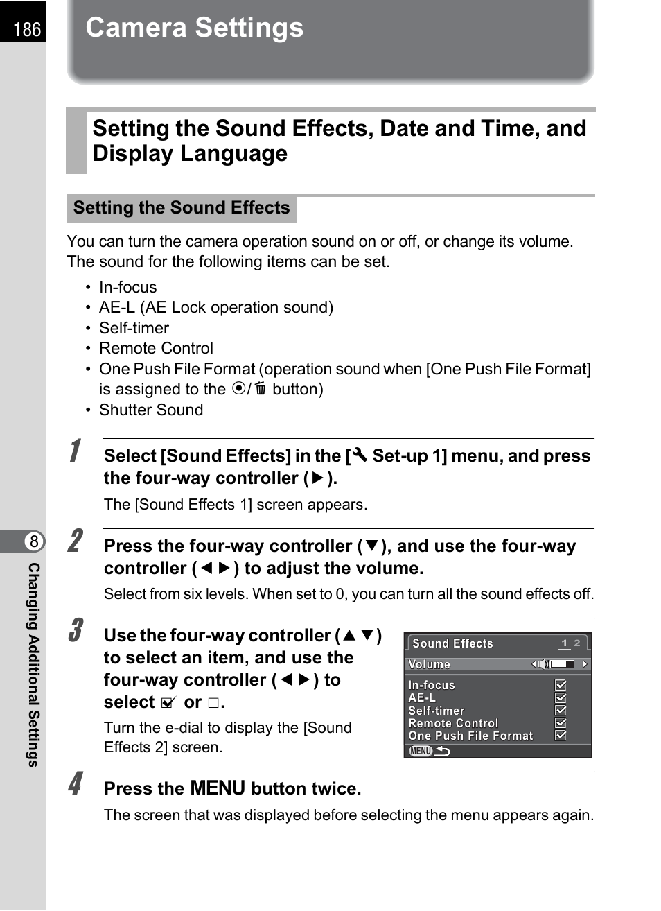 Camera settings, P.186), P.186 | Hoya H01-201106 User Manual | Page 188 / 258