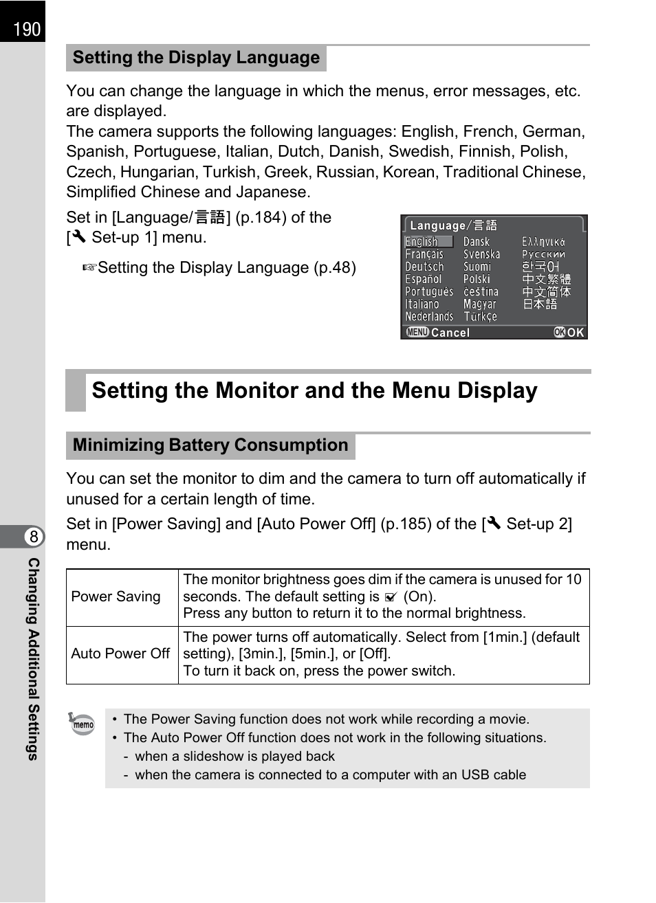 Setting the monitor and the menu display, P.190, Setting the display language | Minimizing battery consumption | Hoya H01-201106 User Manual | Page 192 / 258