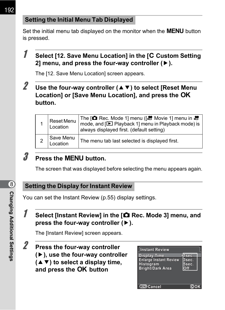 Setting the display for instant review (p.192), P.192), P.192 | Hoya H01-201106 User Manual | Page 194 / 258