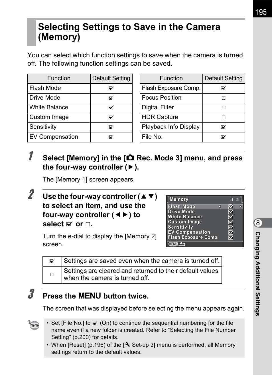 Selecting settings to save in the camera (memory), P.195 | Hoya H01-201106 User Manual | Page 197 / 258
