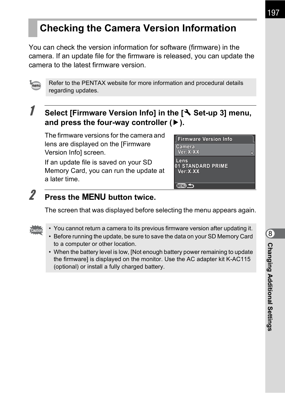 Checking the camera version information, P.197, Press the 3 button twice | Hoya H01-201106 User Manual | Page 199 / 258