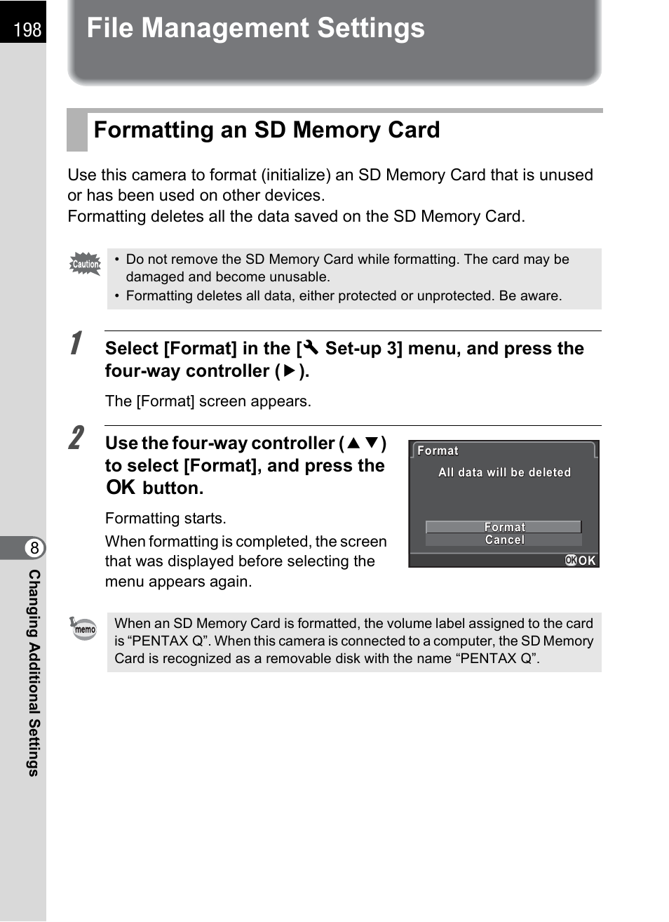 File management settings, Formatting an sd memory card, P.198 | Hoya H01-201106 User Manual | Page 200 / 258