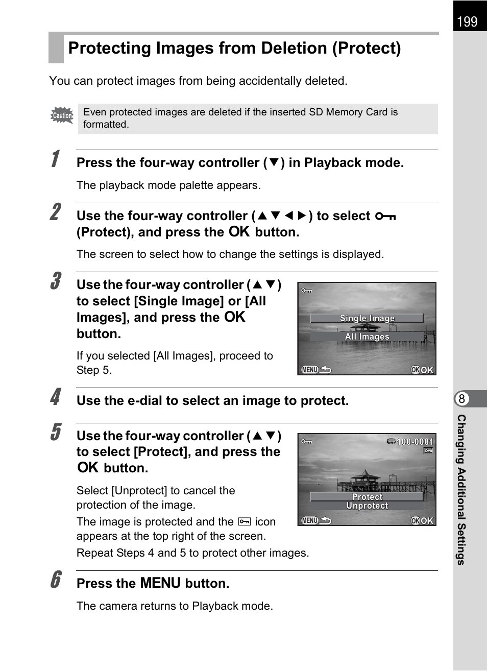 Protecting images from deletion (protect), Ing (p.199), P.199 | Hoya H01-201106 User Manual | Page 201 / 258