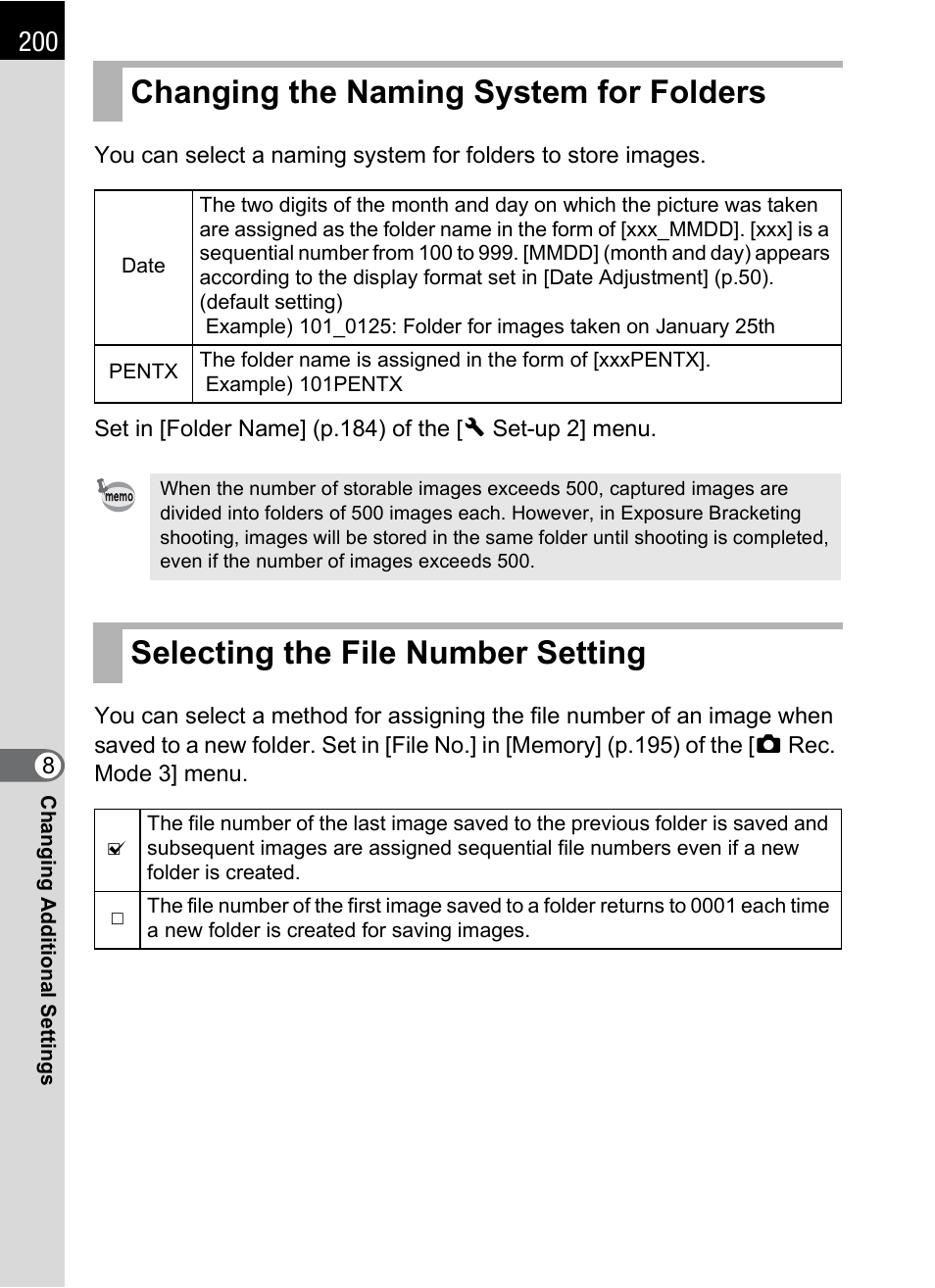 Changing the naming system for folders, Selecting the file number setting, P.200) | P.200 | Hoya H01-201106 User Manual | Page 202 / 258