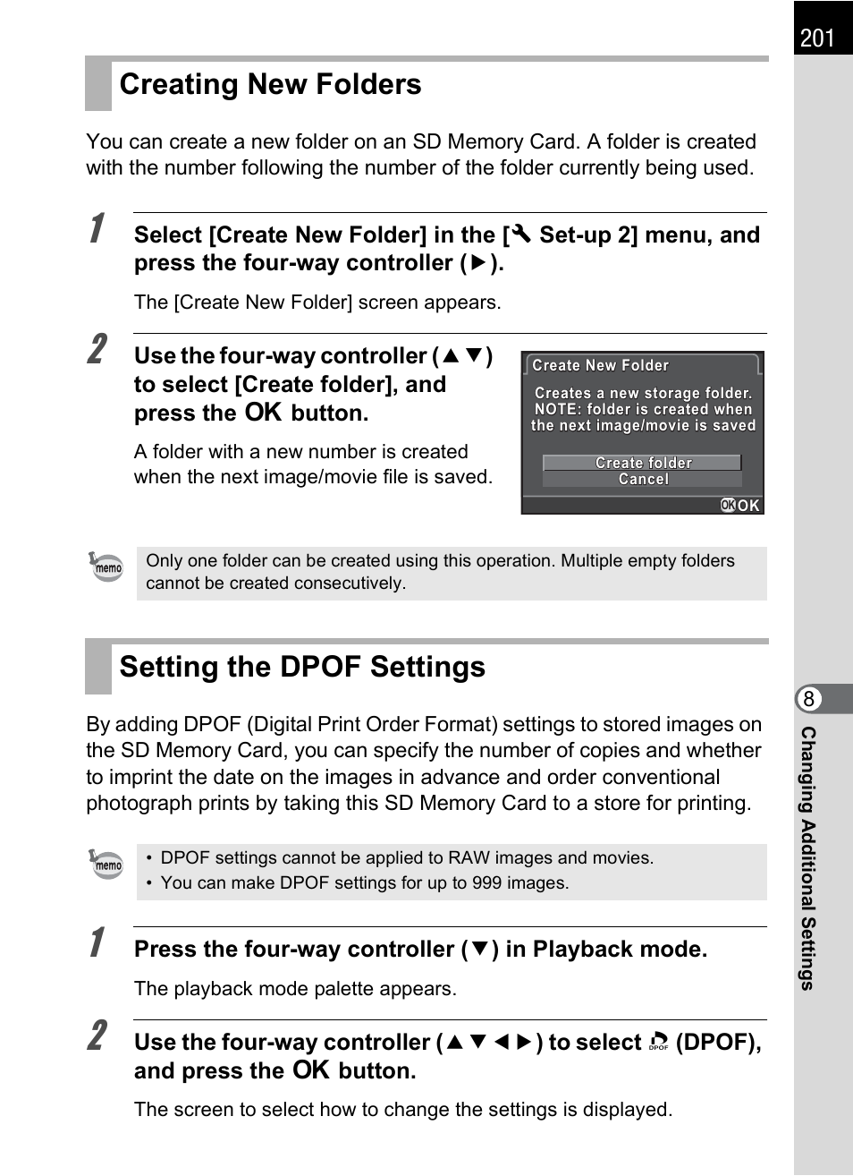 Creating new folders, Setting the dpof settings, Creating new folders setting the dpof settings | P.201), P.201 | Hoya H01-201106 User Manual | Page 203 / 258