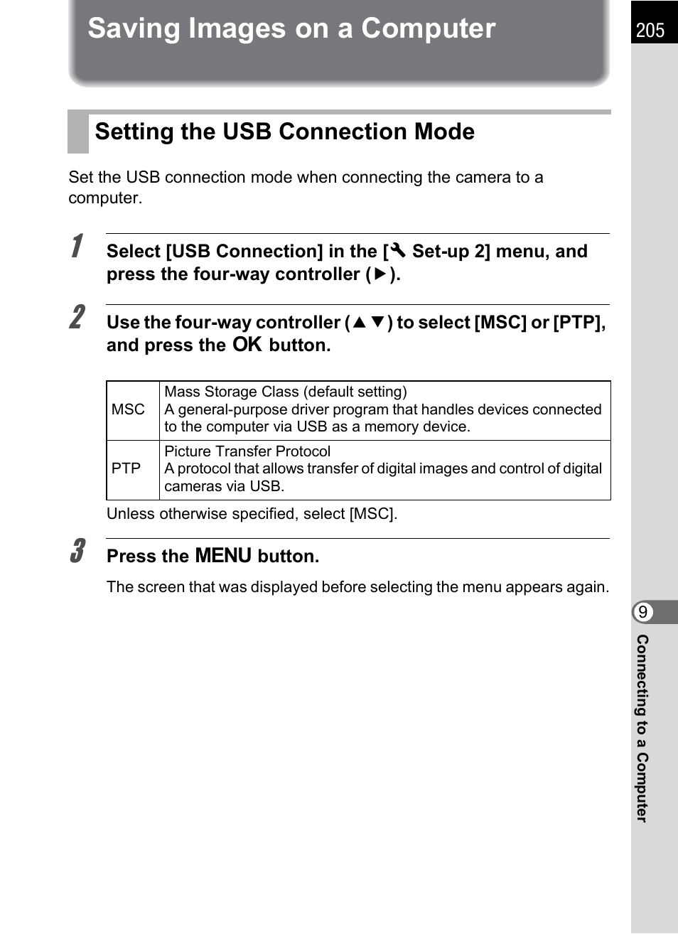 Saving images on a computer, Setting the usb connection mode, P.205 | Hoya H01-201106 User Manual | Page 207 / 258