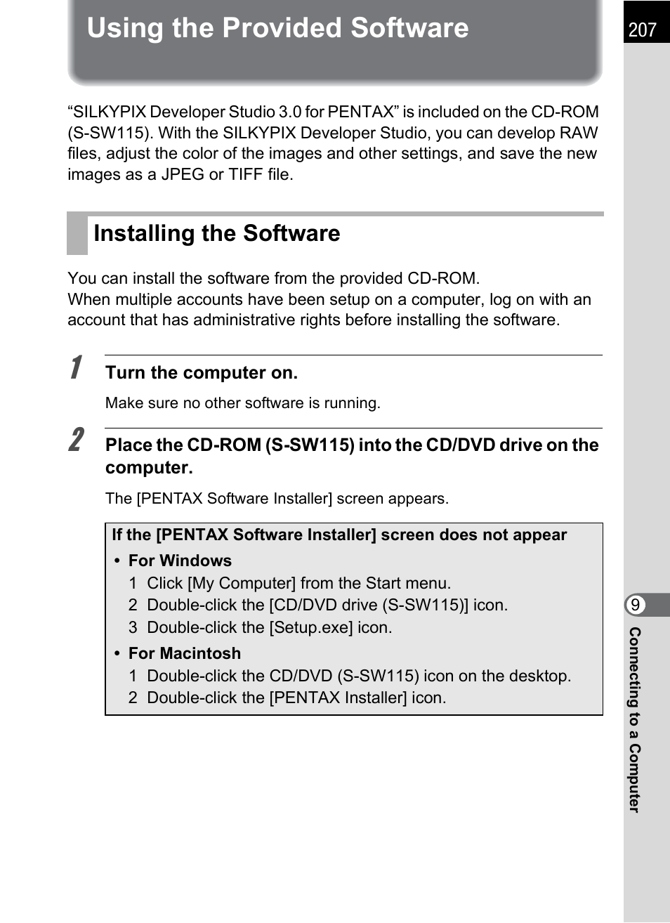 Using the provided software, Installing the software | Hoya H01-201106 User Manual | Page 209 / 258