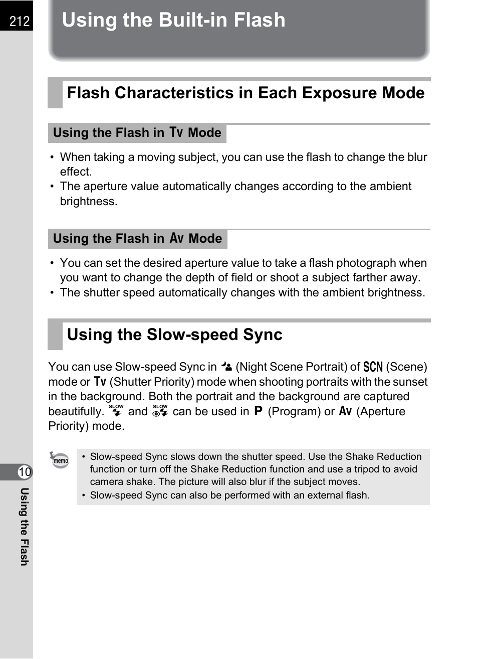 Using the built-in flash, Flash characteristics in each exposure mode, Using the slow-speed sync | Hoya H01-201106 User Manual | Page 214 / 258