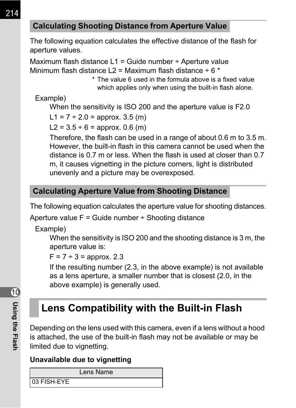 Lens compatibility with the built-in flash | Hoya H01-201106 User Manual | Page 216 / 258
