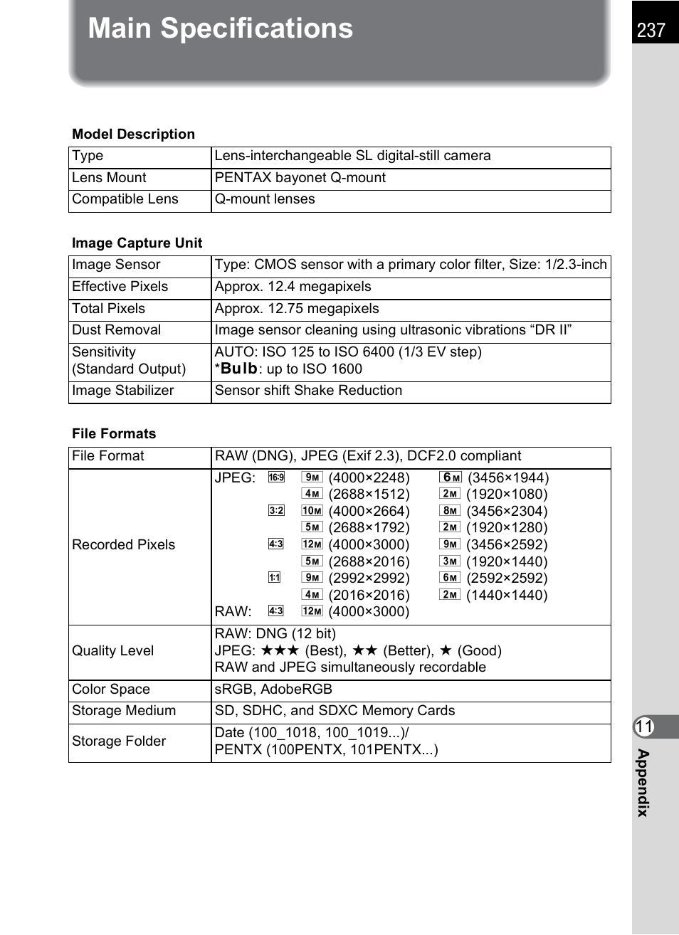 Main specifications | Hoya H01-201106 User Manual | Page 239 / 258