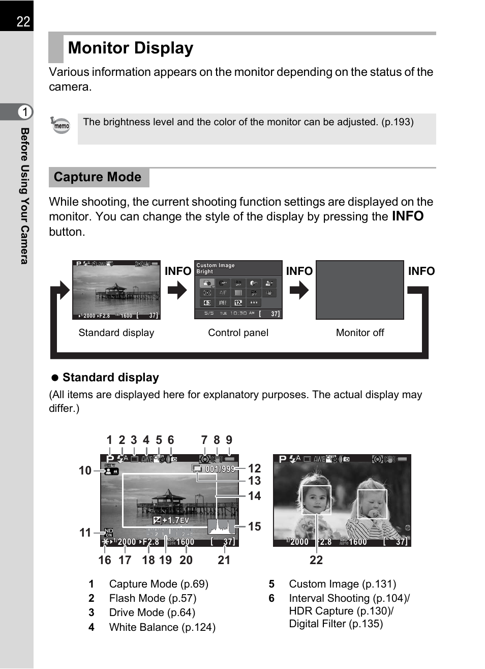 Monitor display, P.22), Capture mode | Hoya H01-201106 User Manual | Page 24 / 258
