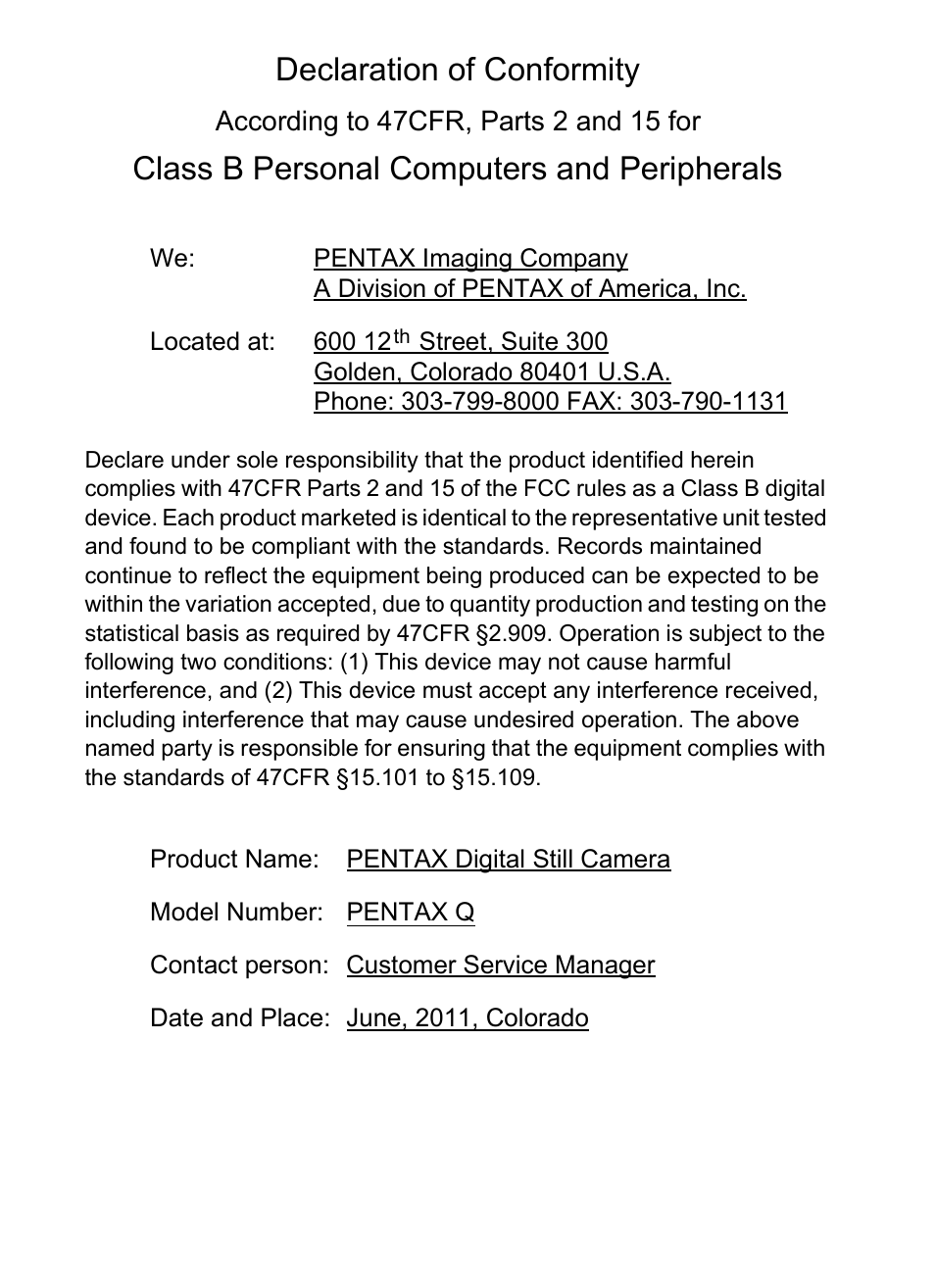 Declaration of conformity, Class b personal computers and peripherals | Hoya H01-201106 User Manual | Page 254 / 258