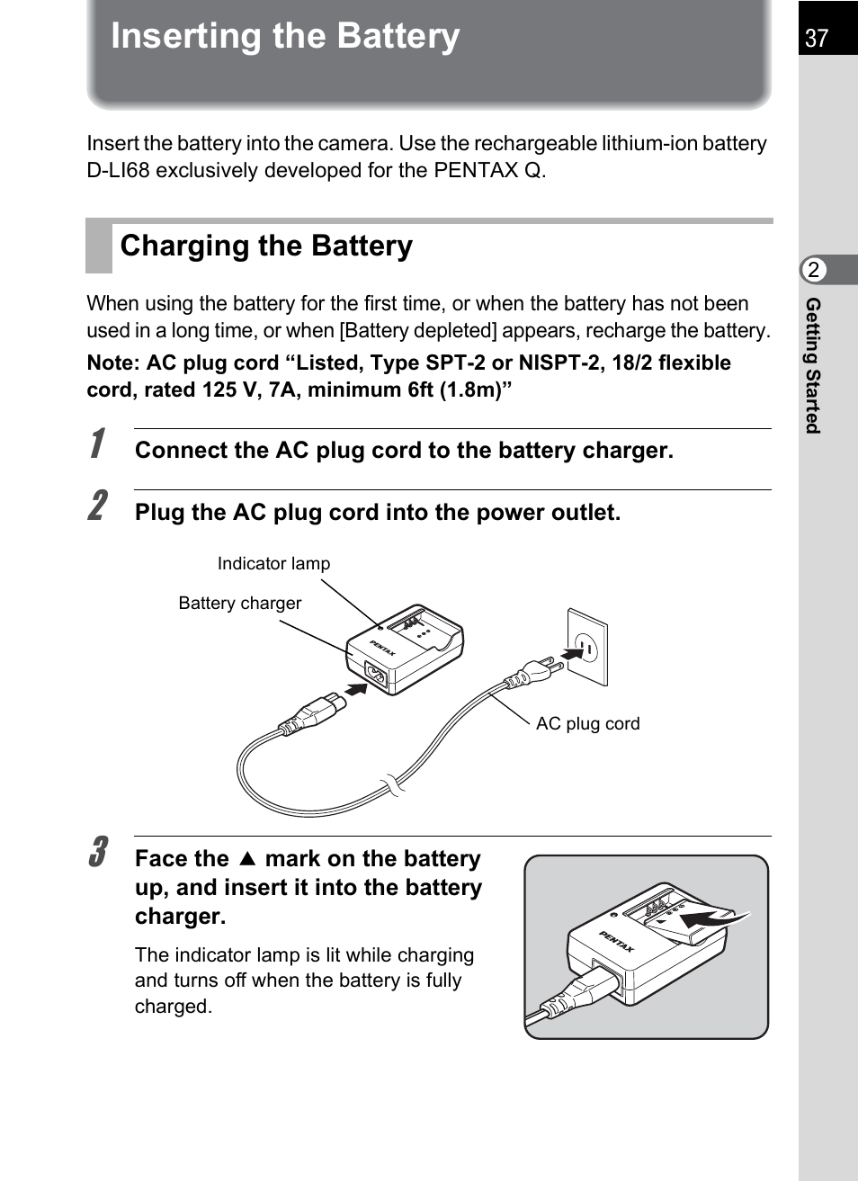 Inserting the battery, Charging the battery | Hoya H01-201106 User Manual | Page 39 / 258