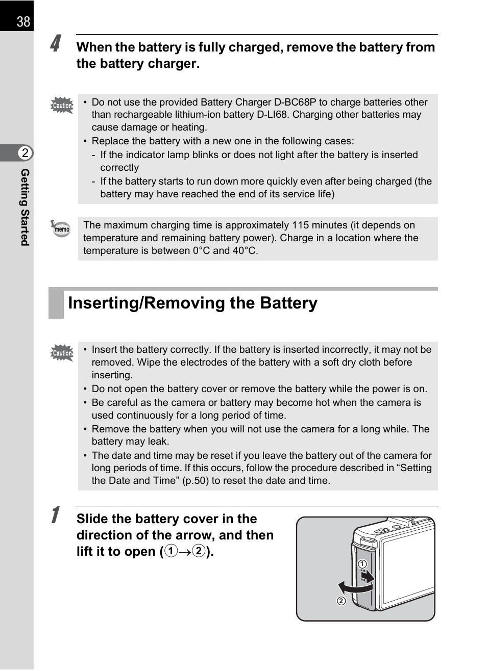 Inserting/removing the battery | Hoya H01-201106 User Manual | Page 40 / 258