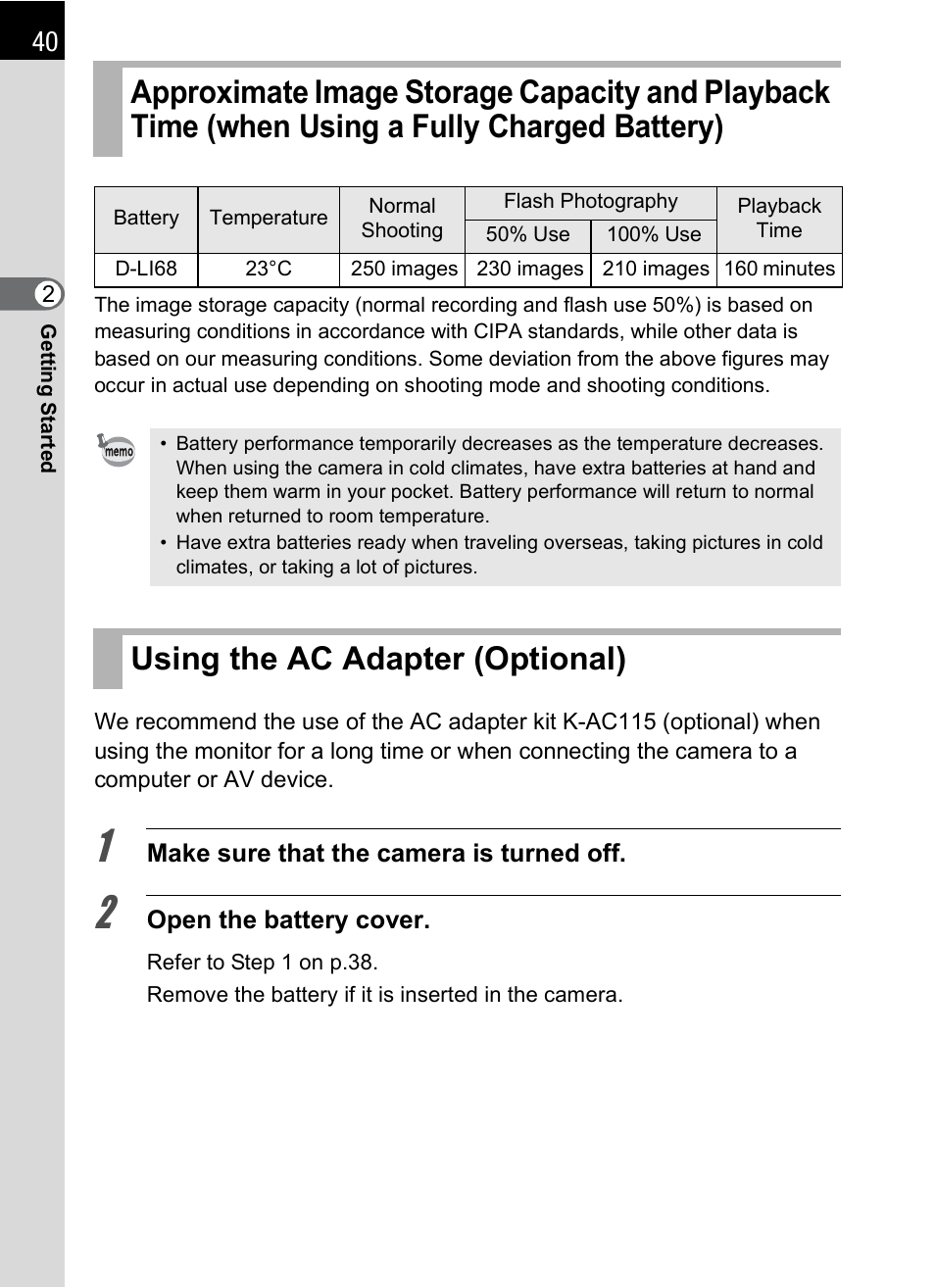 Using the ac adapter (optional) | Hoya H01-201106 User Manual | Page 42 / 258