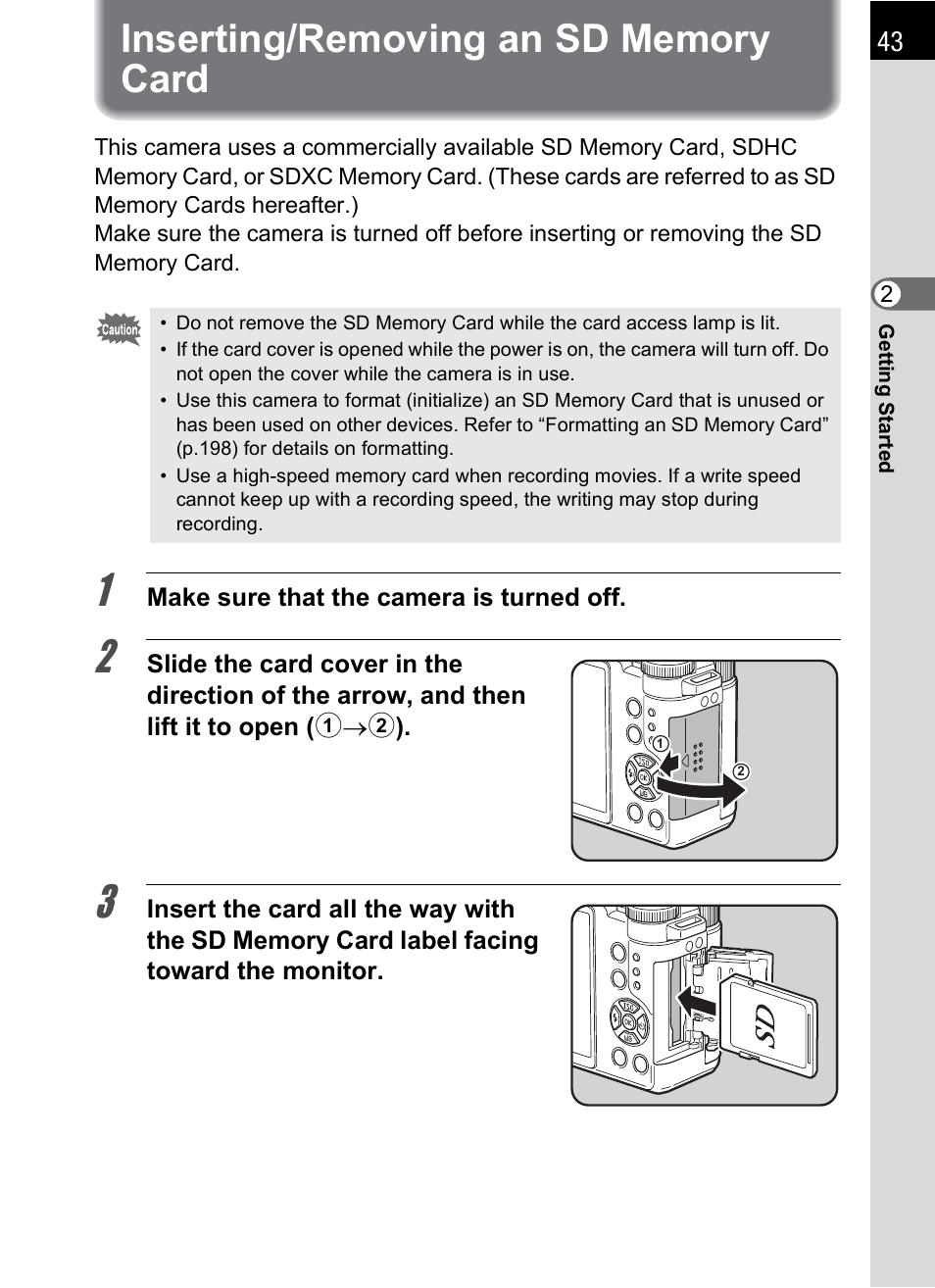 Inserting/removing an sd memory card | Hoya H01-201106 User Manual | Page 45 / 258