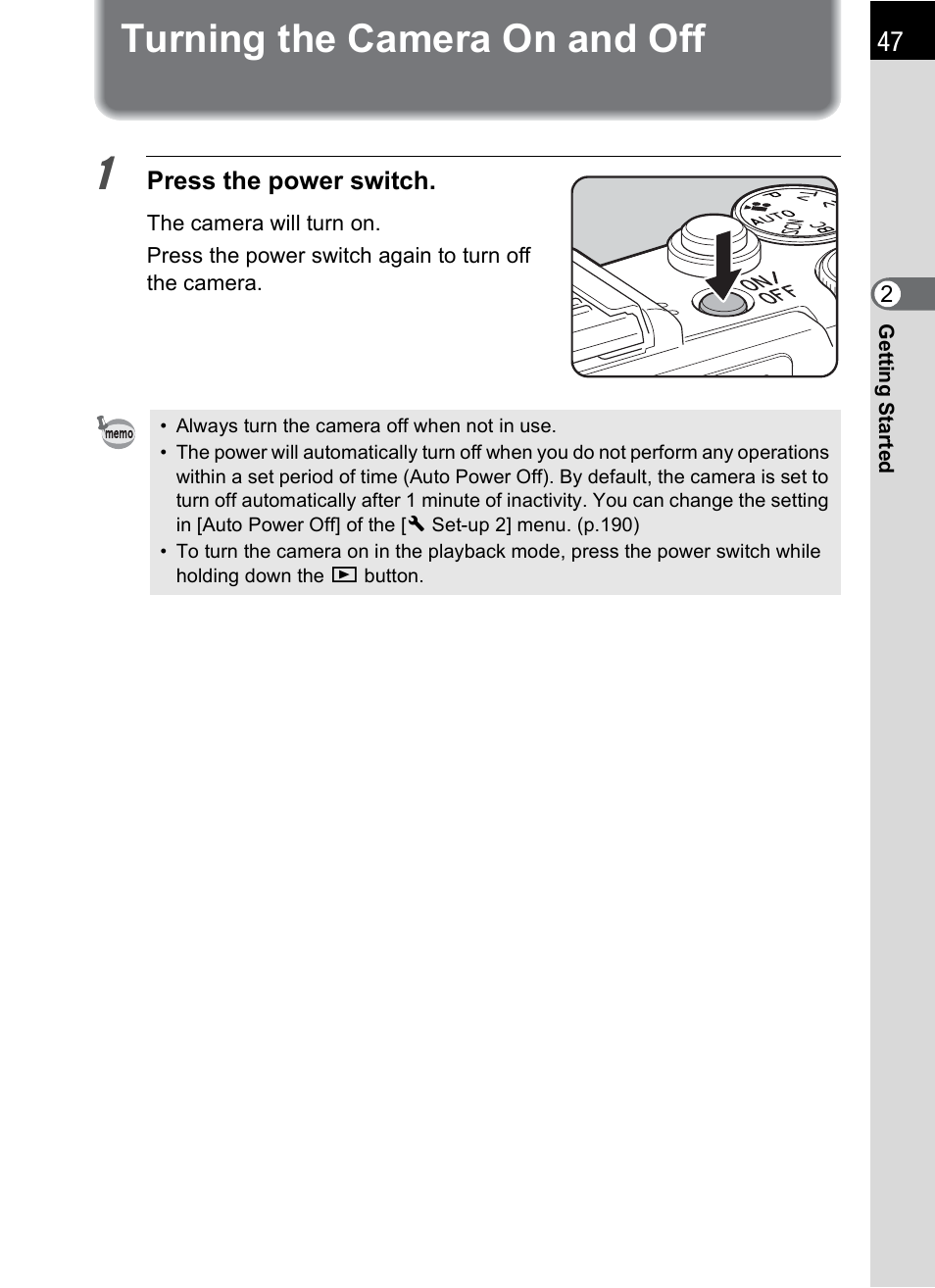 Turning the camera on and off, P.47) | Hoya H01-201106 User Manual | Page 49 / 258