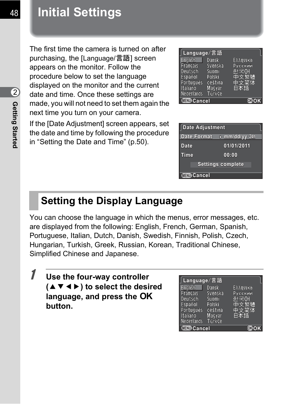 Initial settings, Setting the display language | Hoya H01-201106 User Manual | Page 50 / 258