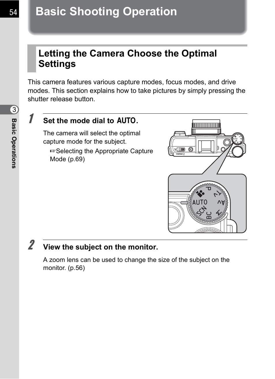Basic shooting operation, Letting the camera choose the optimal settings | Hoya H01-201106 User Manual | Page 56 / 258