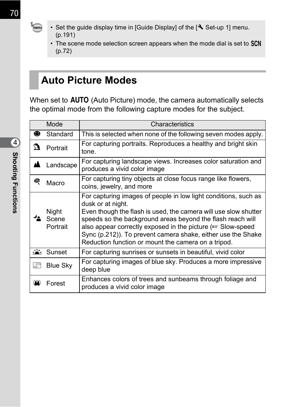 Auto picture modes, P.70), P.70 | Hoya H01-201106 User Manual | Page 72 / 258