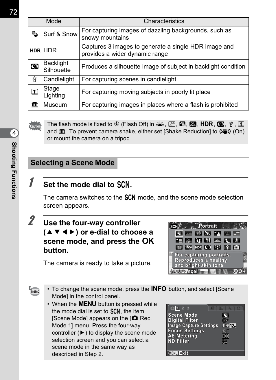 P.72), Set the mode dial to h, Selecting a scene mode | Hoya H01-201106 User Manual | Page 74 / 258