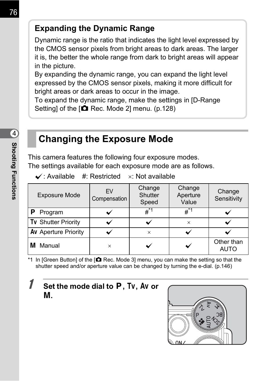 Changing the exposure mode, Expanding the dynamic range | Hoya H01-201106 User Manual | Page 78 / 258
