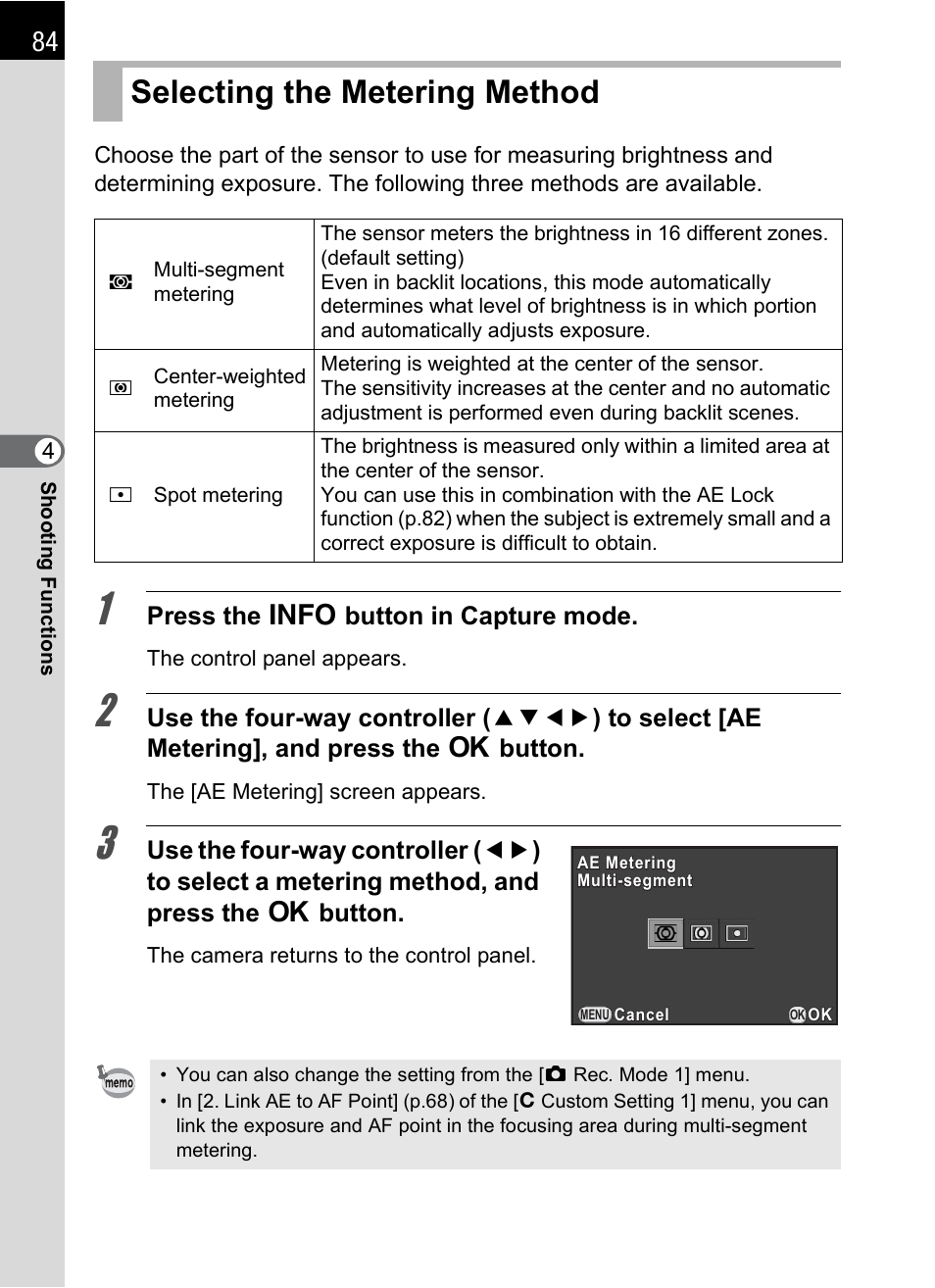 Selecting the metering method, P.84), Ring (p.84) | P.84 | Hoya H01-201106 User Manual | Page 86 / 258