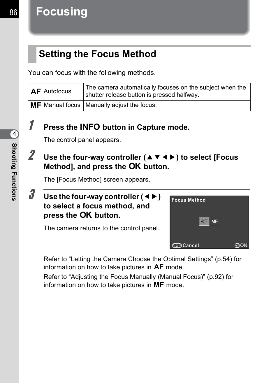 Focusing, Setting the focus method, P.86) | P.86 | Hoya H01-201106 User Manual | Page 88 / 258