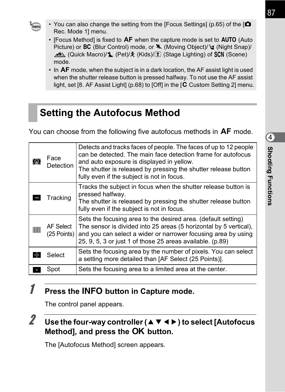 Setting the autofocus method, P.87), P.87 | Hoya H01-201106 User Manual | Page 89 / 258