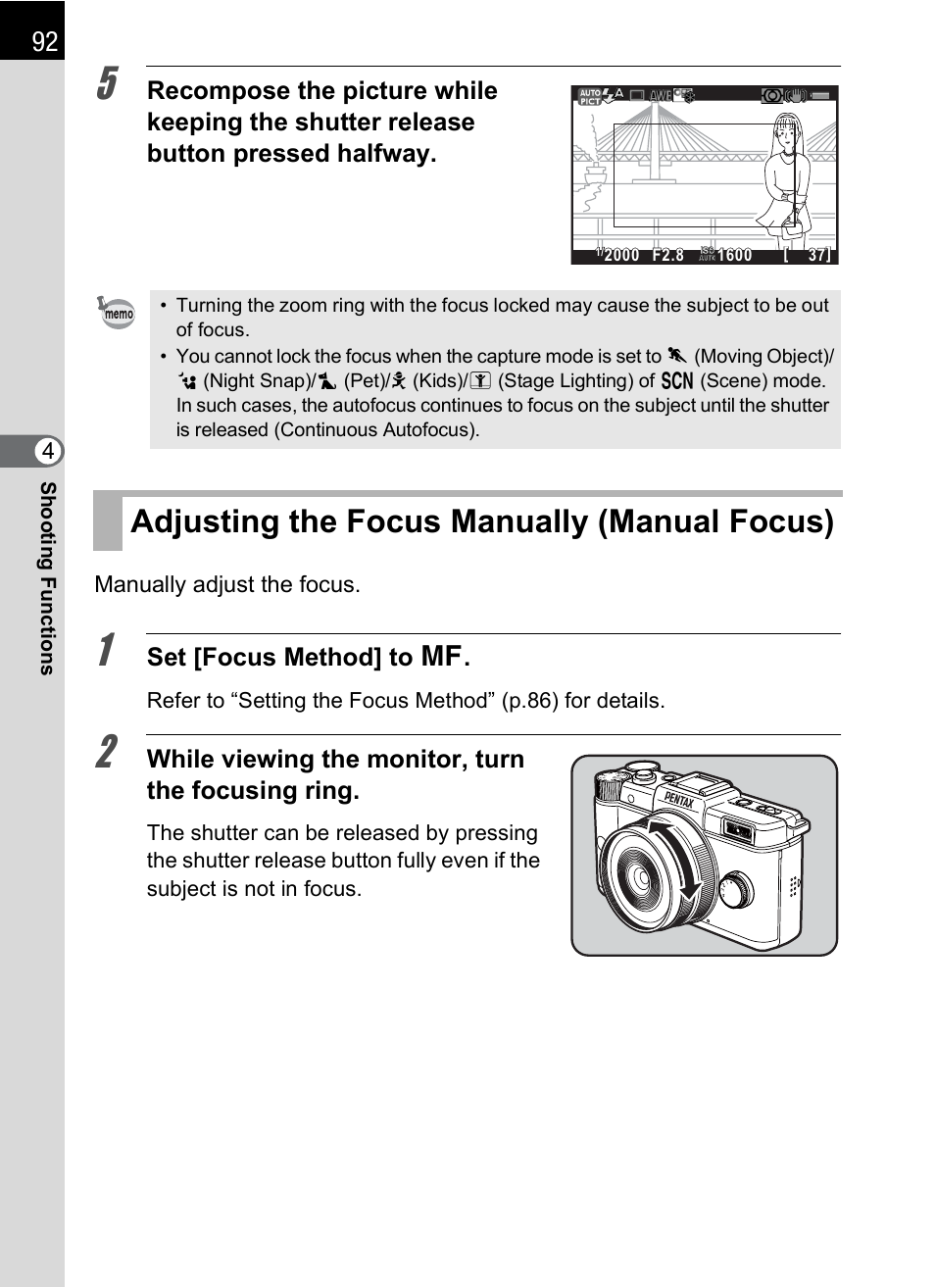 Adjusting the focus manually (manual focus) | Hoya H01-201106 User Manual | Page 94 / 258