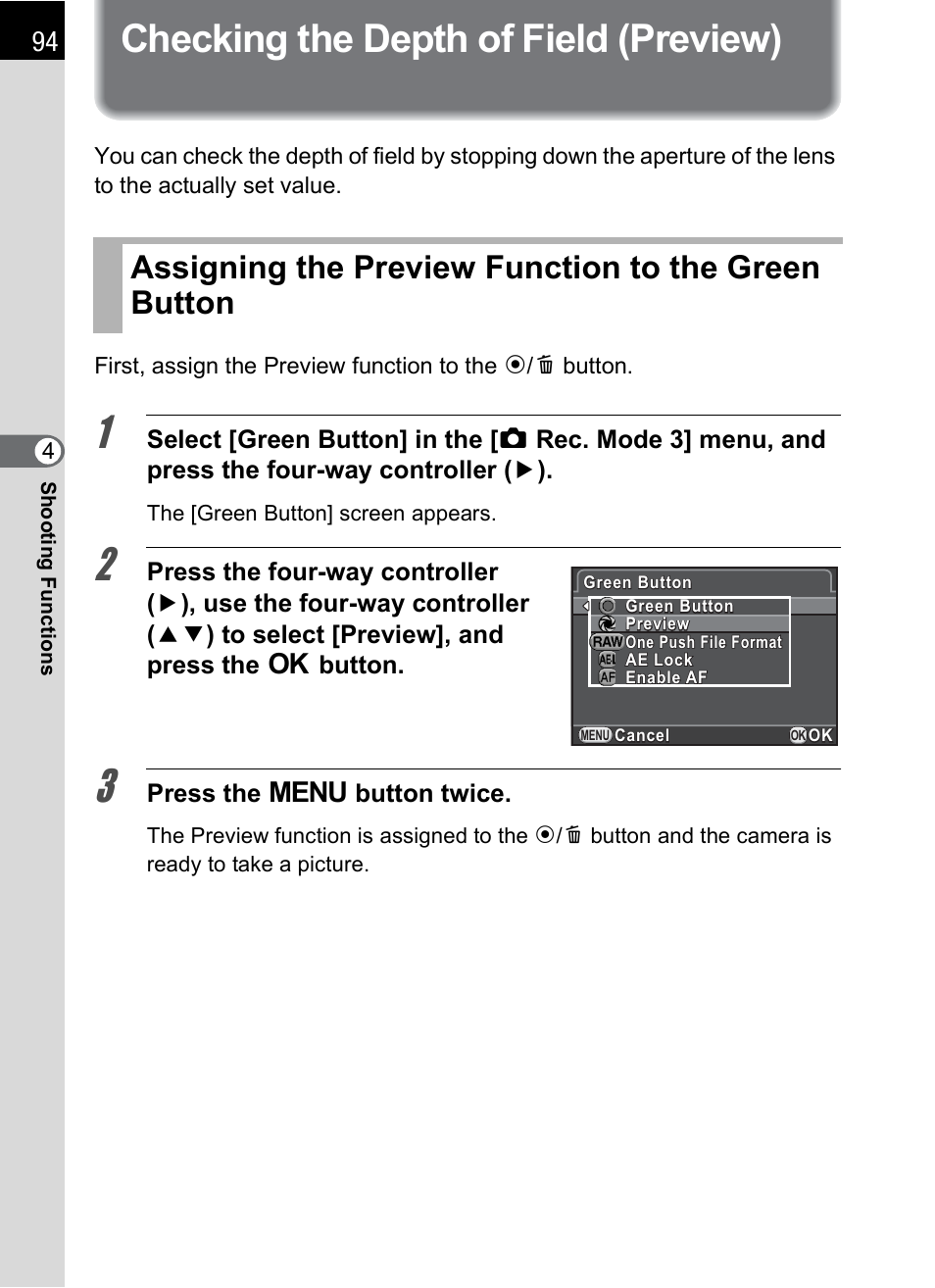Checking the depth of field (preview), Assigning the preview function to the green button, P.94) | Hoya H01-201106 User Manual | Page 96 / 258