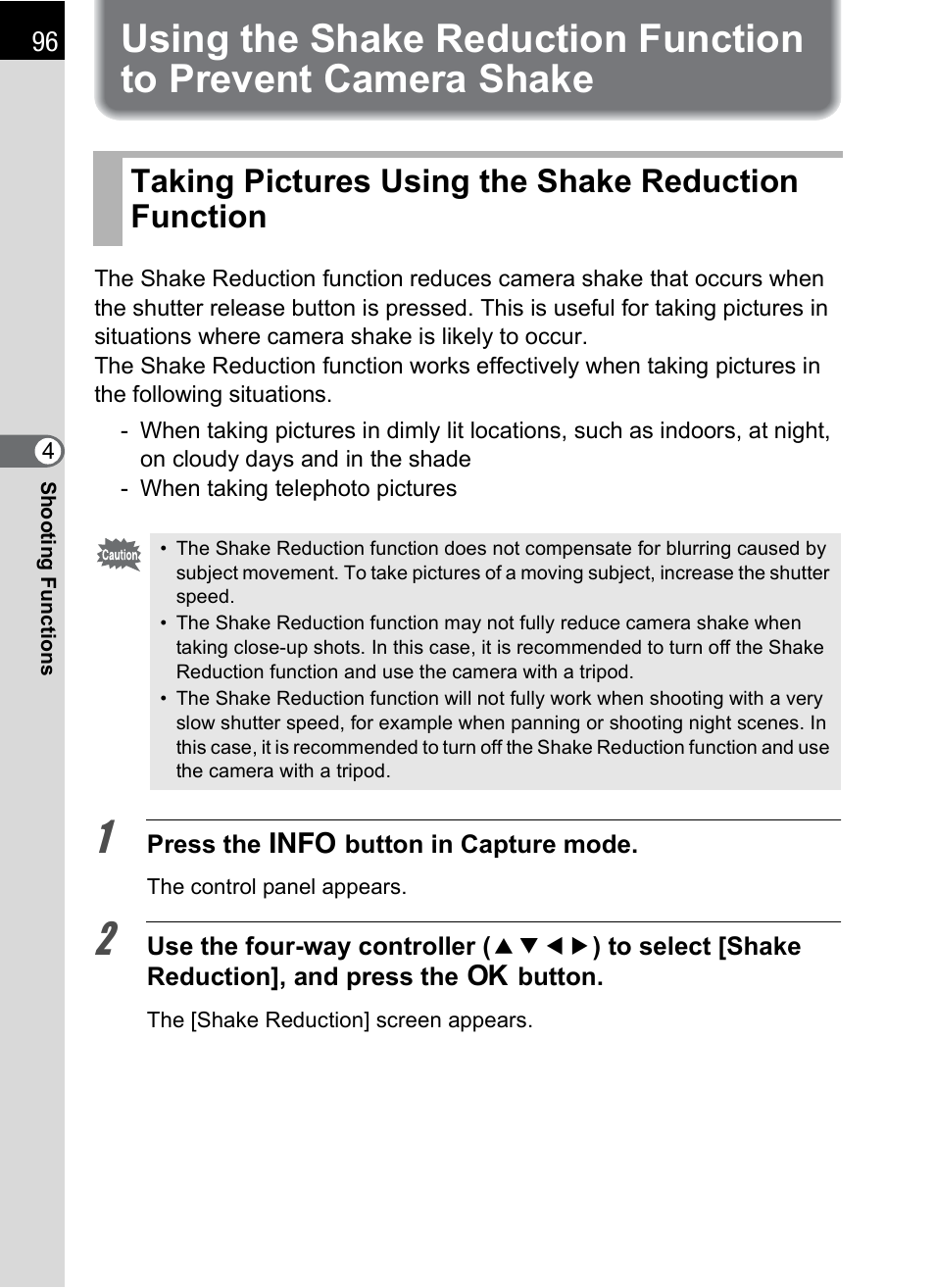 Taking pictures using the shake reduction function, P.96), P.96 | Hoya H01-201106 User Manual | Page 98 / 258