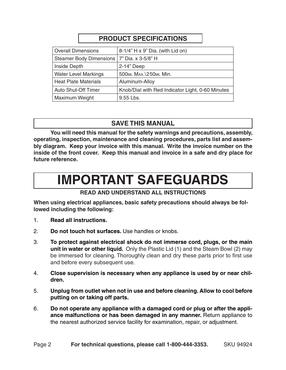 Important safeguards | Harbor Freight Tools 94924 User Manual | Page 2 / 10