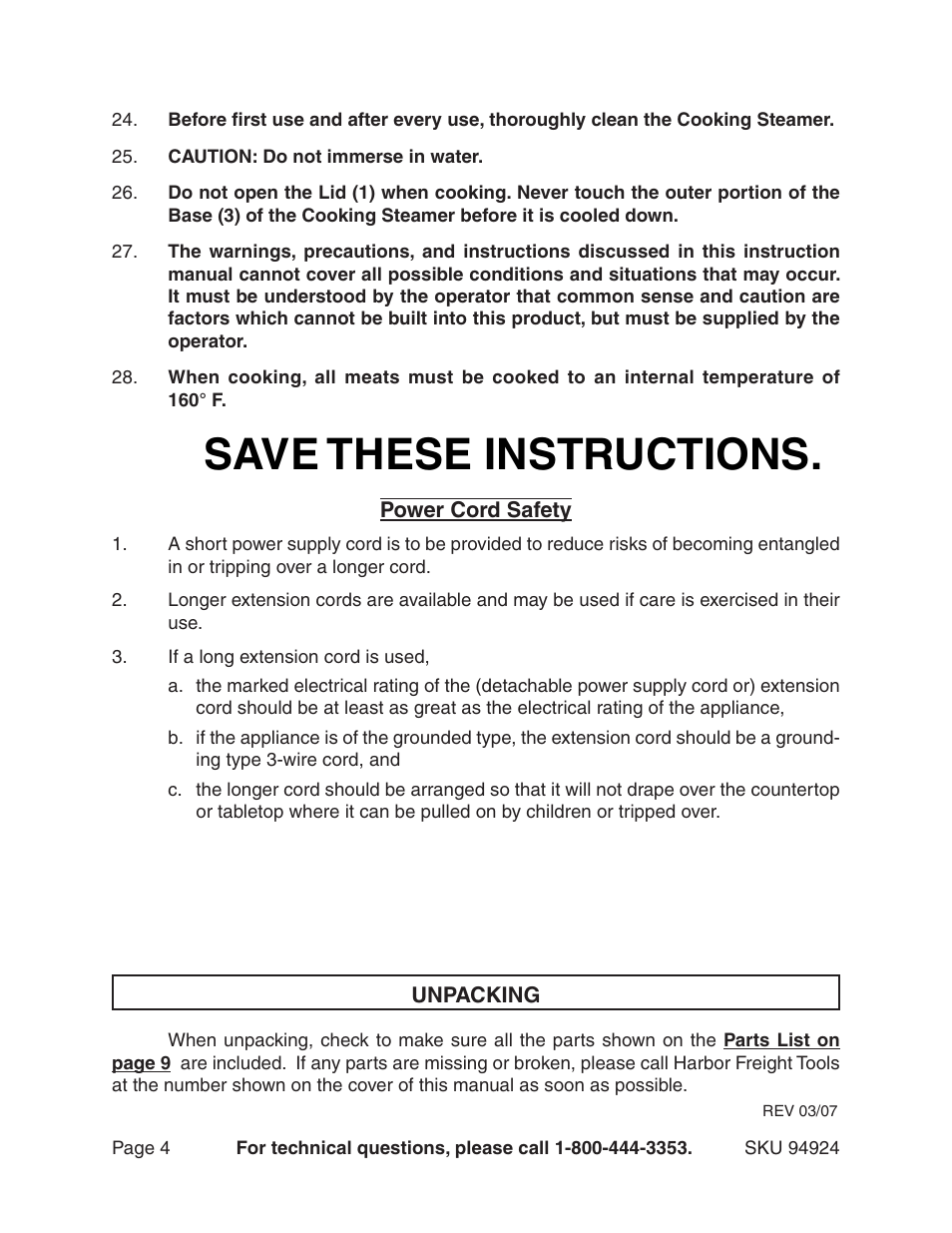 Save these instructions | Harbor Freight Tools 94924 User Manual | Page 4 / 10