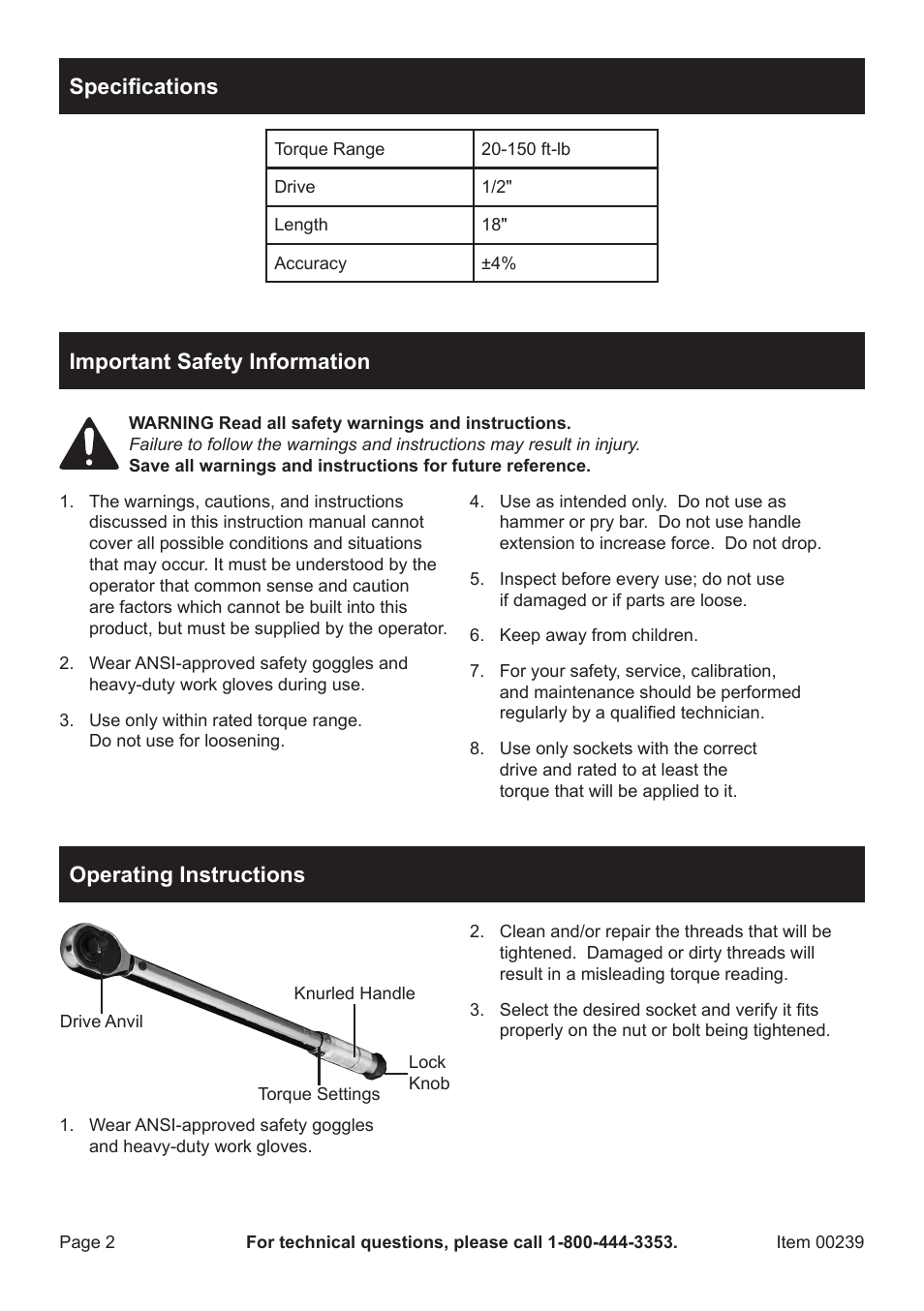 Specifications, Important safety information, Operating instructions | Harbor Freight Tools PITTSBURGHPRO 239 User Manual | Page 2 / 4