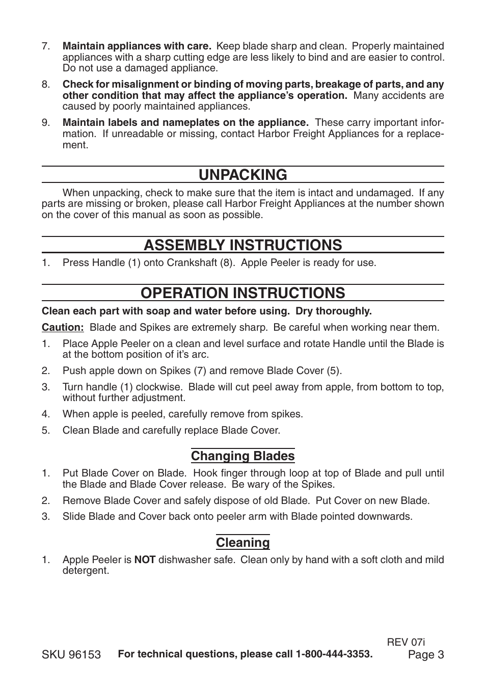 Unpacking, Assembly instructions, Operation instructions | Harbor Freight Tools 96153 User Manual | Page 3 / 4