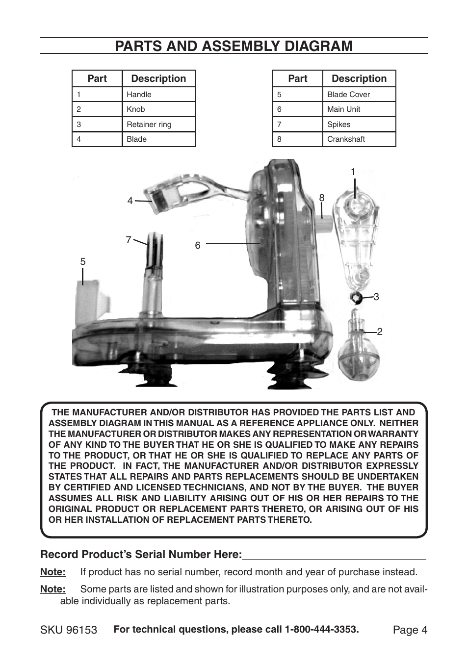 Parts and assembly diagram, Record product’s serial number here | Harbor Freight Tools 96153 User Manual | Page 4 / 4