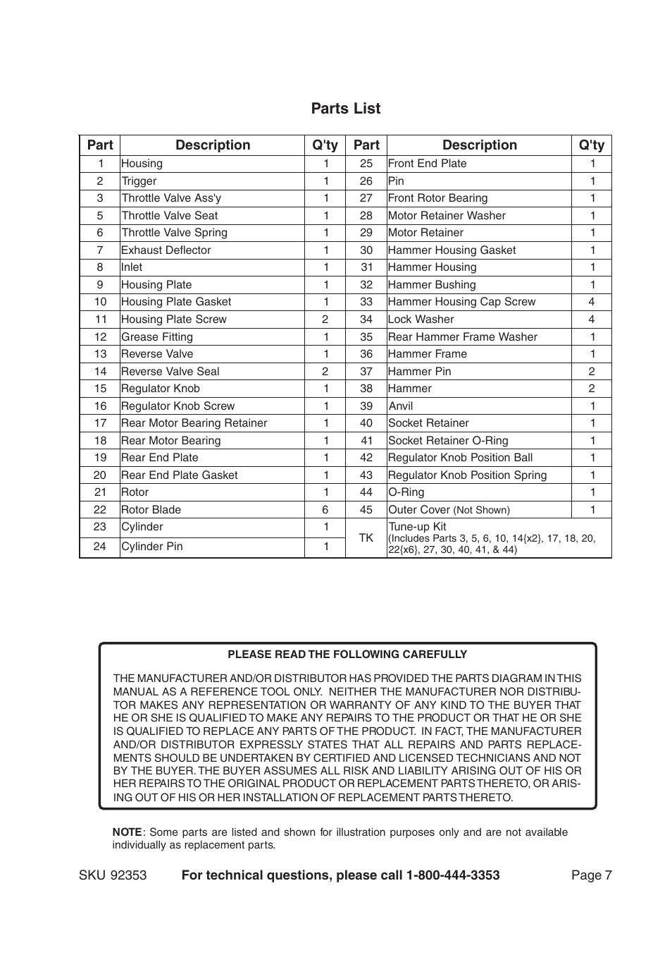 Parts list | Harbor Freight Tools 92353 User Manual | Page 7 / 8