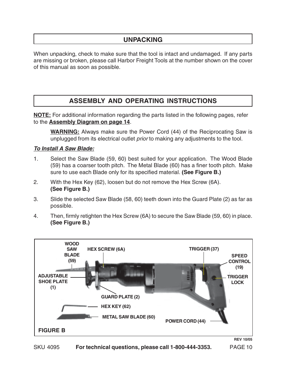 Unpacking, Assembly and operating instructions | Harbor Freight Tools 04095 User Manual | Page 10 / 14