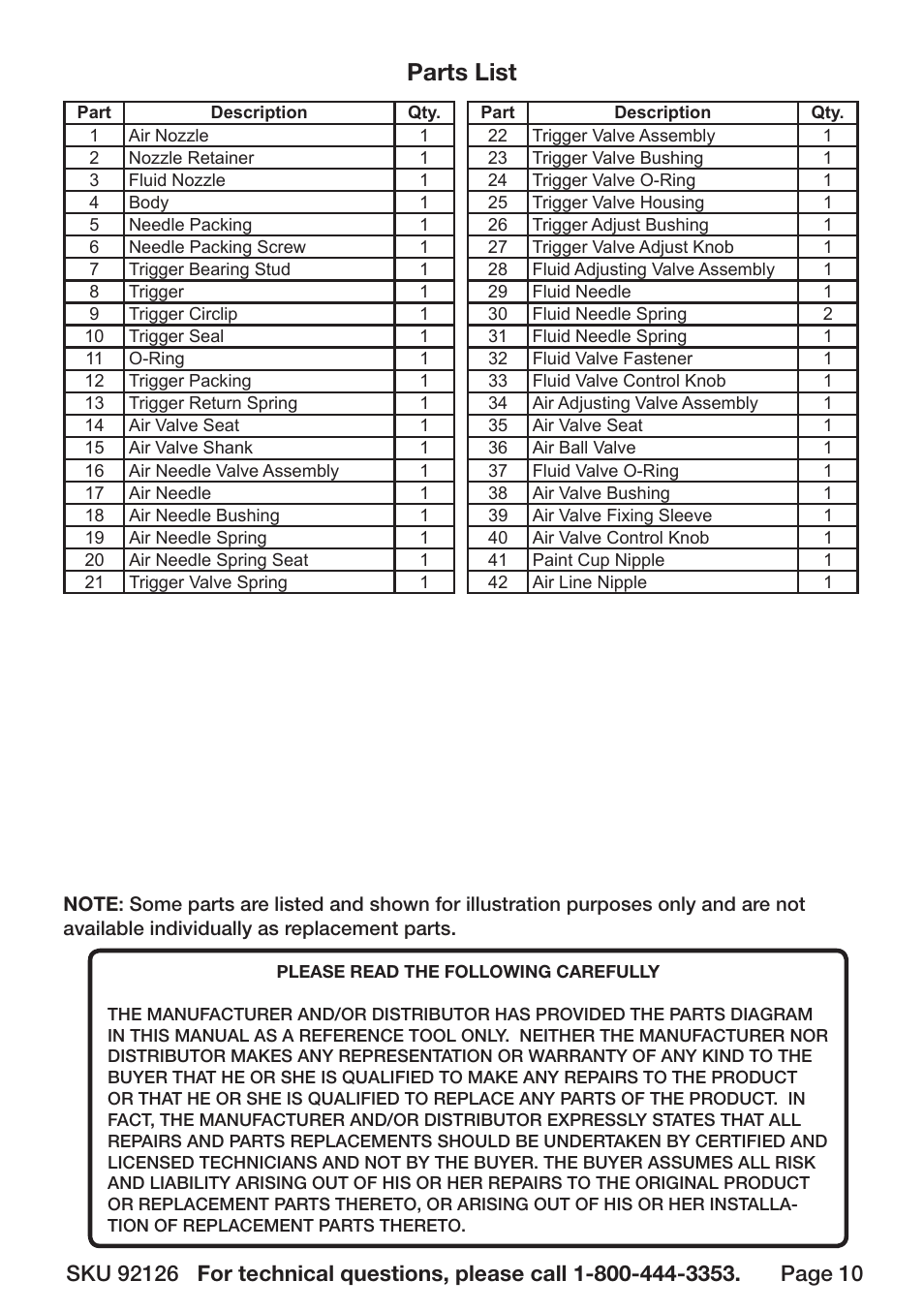 Parts list | Harbor Freight Tools 92126 User Manual | Page 10 / 12