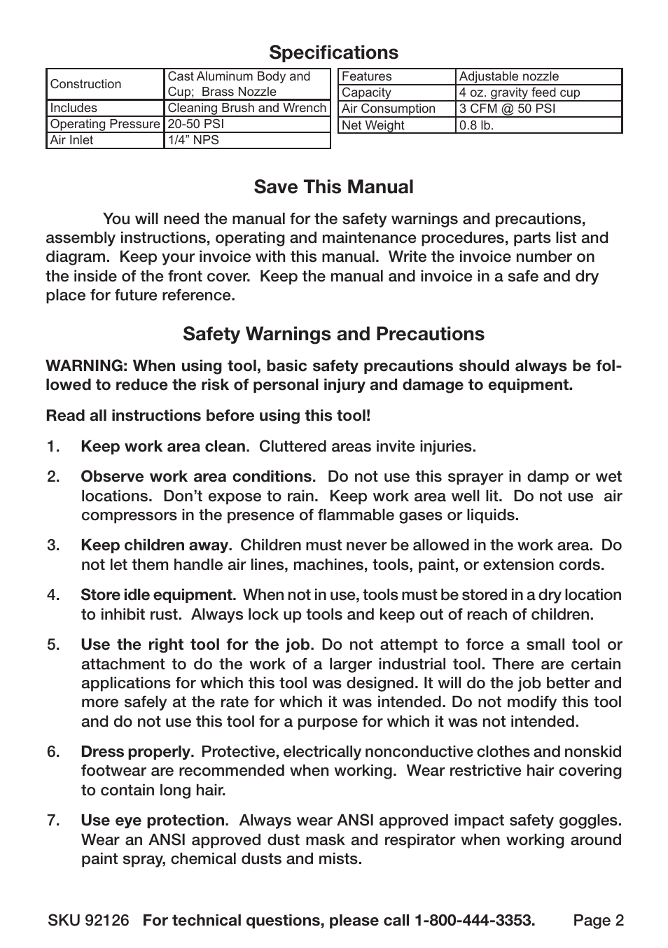 Specifications, Save this manual, Safety warnings and precautions | Harbor Freight Tools 92126 User Manual | Page 2 / 12