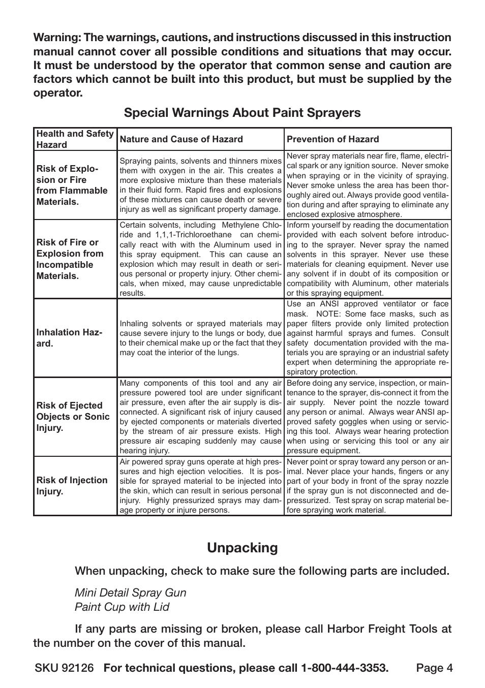 Unpacking, Special warnings about paint sprayers | Harbor Freight Tools 92126 User Manual | Page 4 / 12