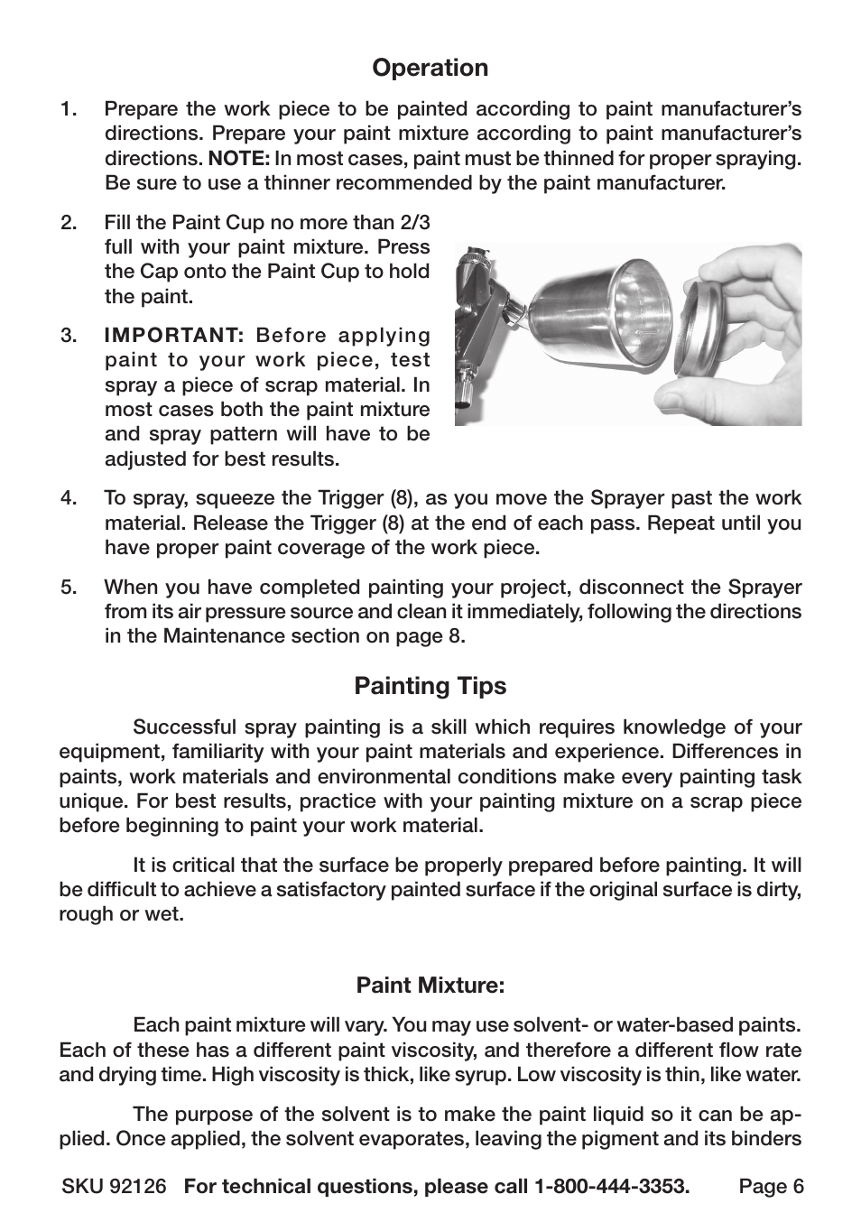 Operation, Painting tips | Harbor Freight Tools 92126 User Manual | Page 6 / 12