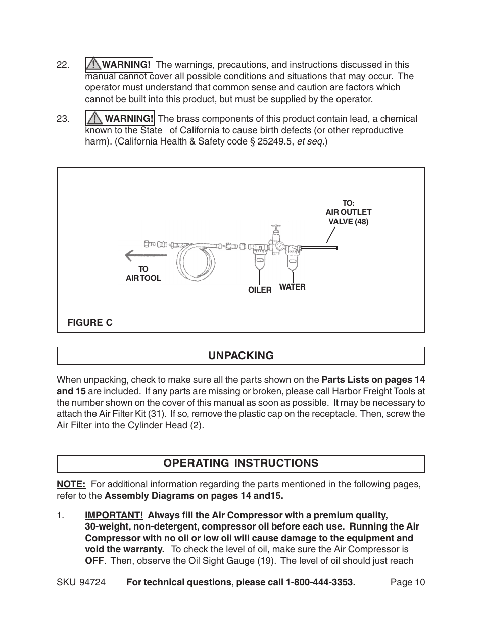 Operating instructions, Unpacking | Harbor Freight Tools 94724 User Manual | Page 10 / 16