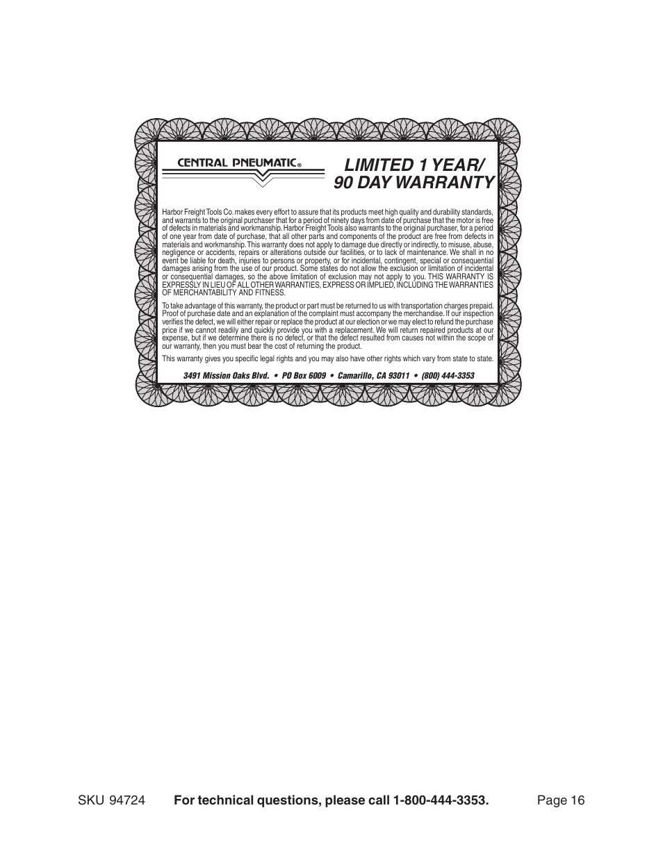 Limited 1 year/ 90 day warranty | Harbor Freight Tools 94724 User Manual | Page 16 / 16