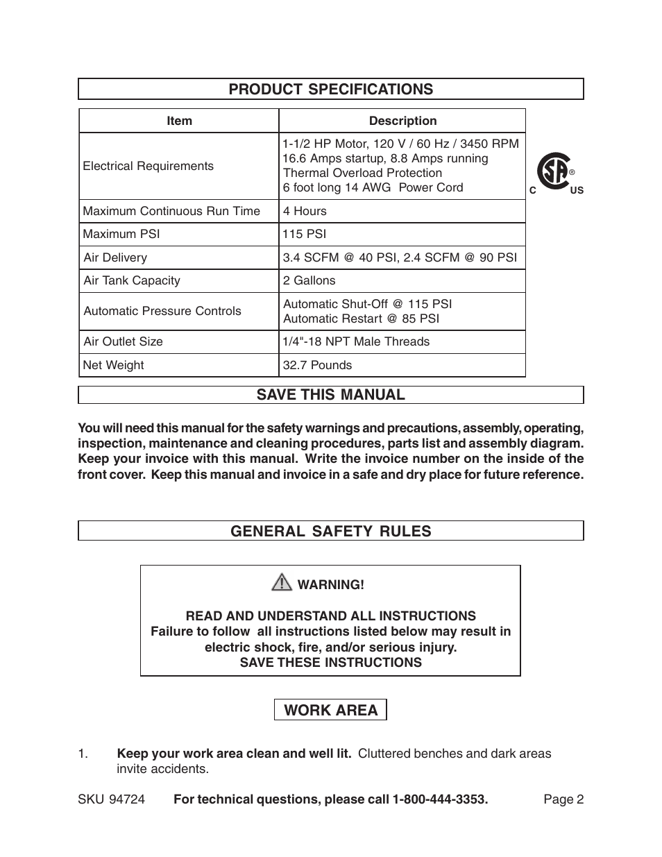 Product specifications save this manual, General safety rules, Work area | Harbor Freight Tools 94724 User Manual | Page 2 / 16