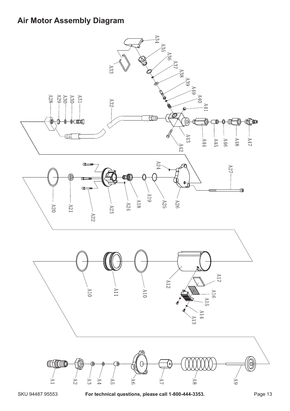 Air motor assembly diagram | Harbor Freight Tools 94487 User Manual | Page 13 / 16
