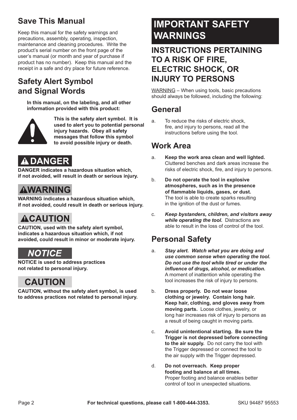 Important safety warnings, Save this manual, Safety alert symbol and signal words | General, Work area, Personal safety | Harbor Freight Tools 94487 User Manual | Page 2 / 16