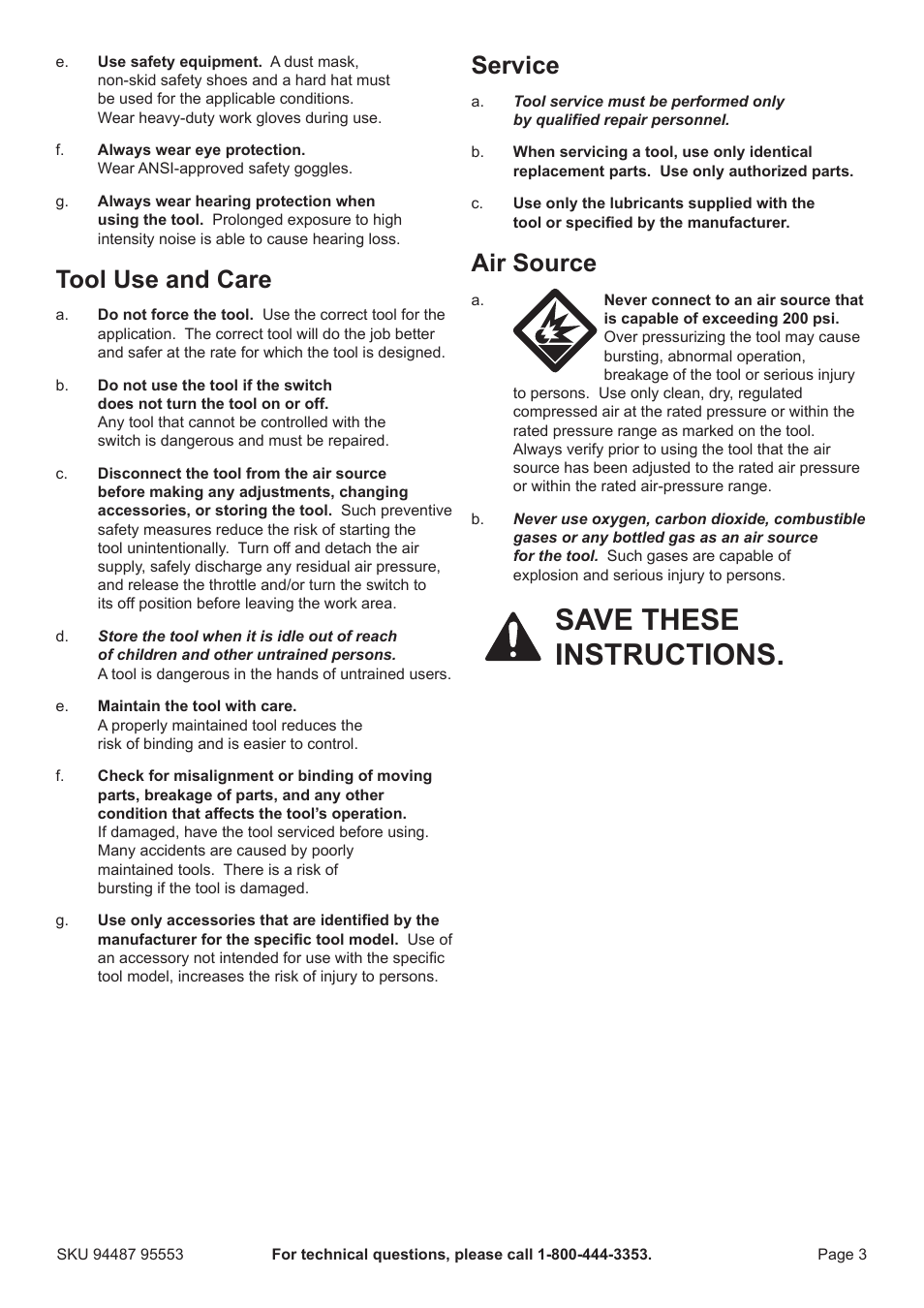 Save these instructions, Tool use and care, Service | Air source | Harbor Freight Tools 94487 User Manual | Page 3 / 16