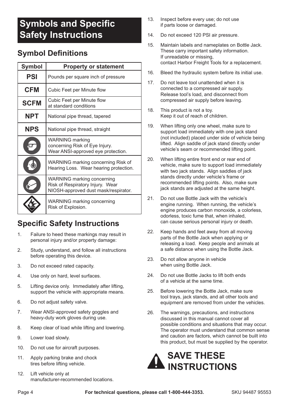 Symbols and specific safety instructions, Save these instructions, Symbol definitions | Specific safety instructions, Scfm | Harbor Freight Tools 94487 User Manual | Page 4 / 16